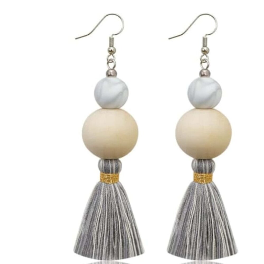 Boho Chic Tassel Earrings with Wooden Beads & Grey Thread Fringe